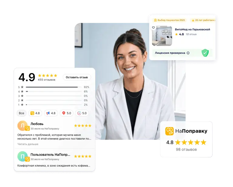 Пример виджета MyReviews с рейтингом клиники и отзывами пациентов с НаПоправку